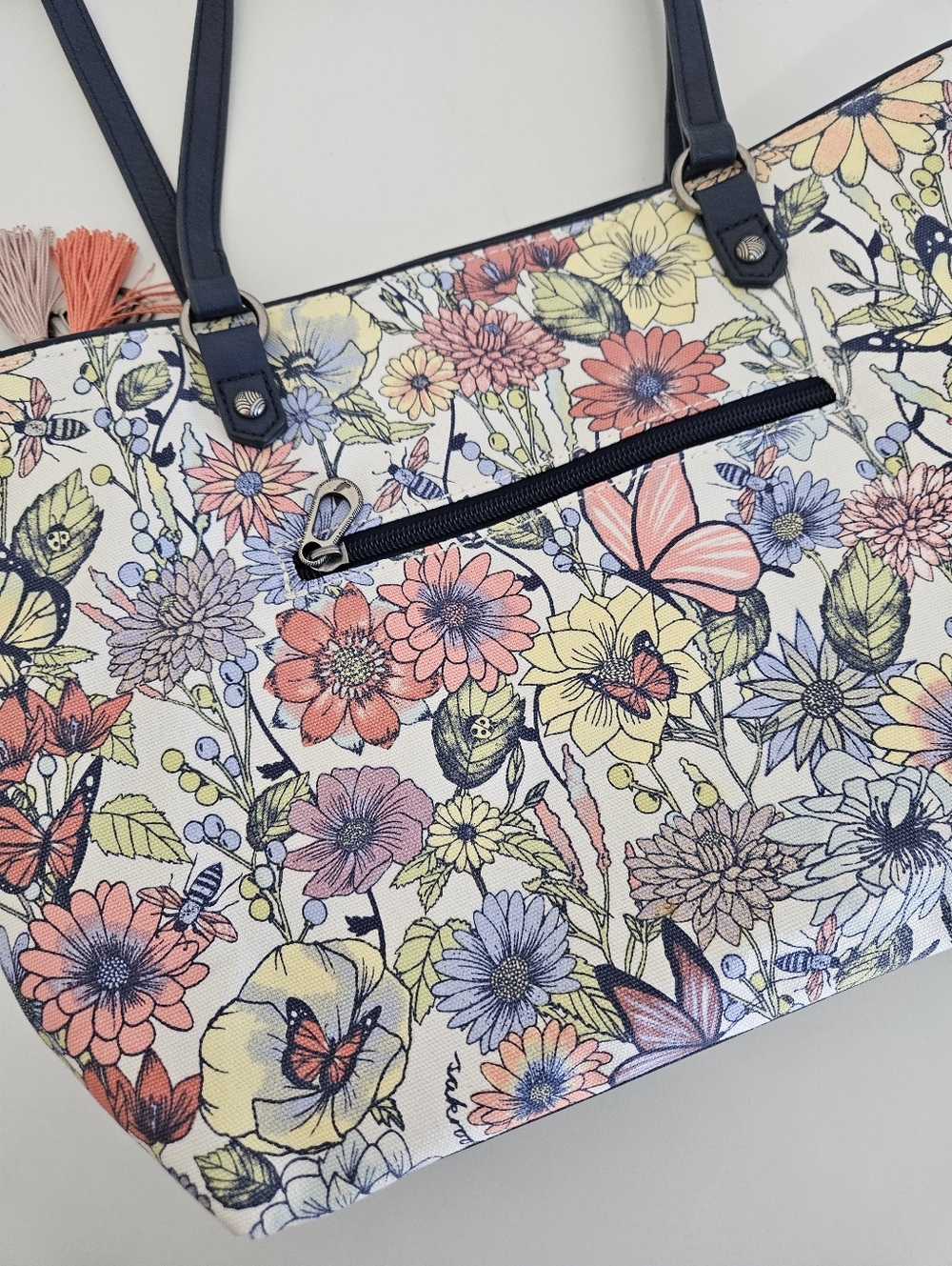 Sakroots | Meadow Straw Floral Butterfly Medium Tote Bag Navy Blue Multi Womens - Picture 7 of 8